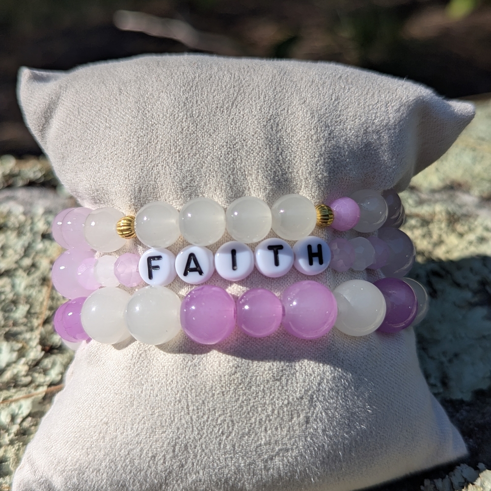 Purple And White Beaded Faith Bracelet Set